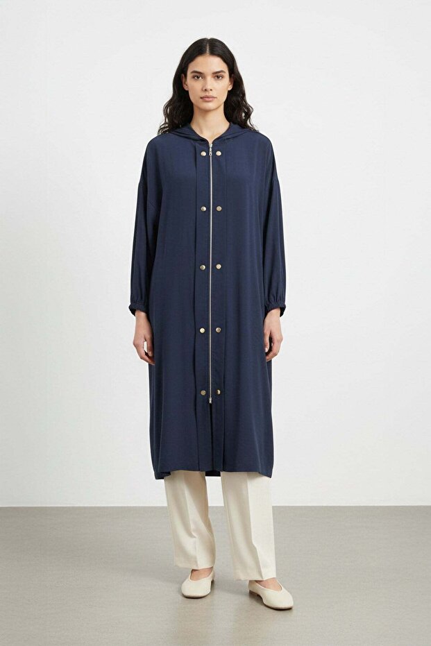 Hooded Zippered Long Women's Coat-15251 - Navy