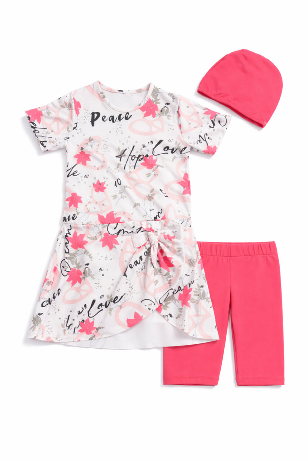 Patterned Tie-Dye Detailed Skirted Three-Piece Swimsuit for Girls