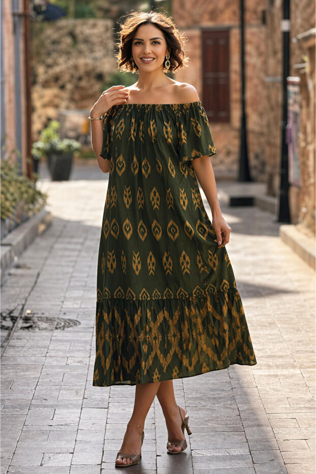 V136-Khaki Anatolian Patterned Madonna Collar Dress
