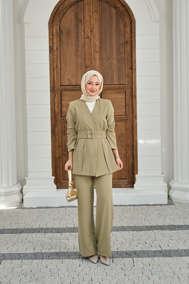 Women's Double Belted Jacket Suit Water Green