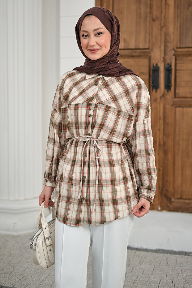 Women's Plaid Pattern Waist Tie Shirt Khaki Green