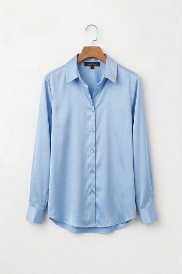 Women's Baby Blue Satin Shirt Long Sleeve Stylish Classic Office Casual Shiny Fabric Button up Blouse