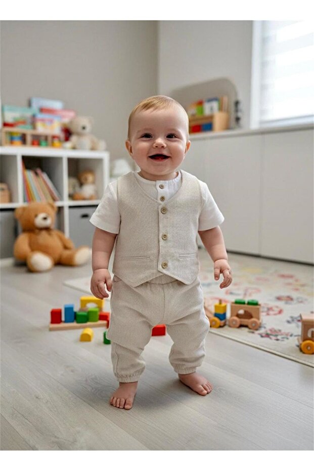 Baby Pinstripes Theme Linen Trousers Beige 22006