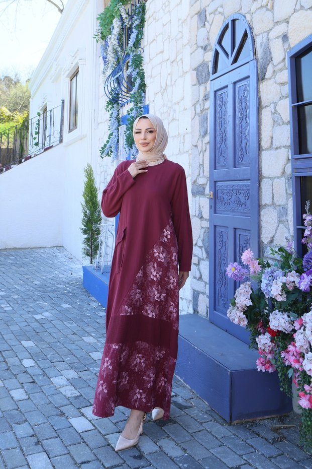 Wonderful Single-Pocket Floral Detailed 100% Cotton Special Design Linen Dress