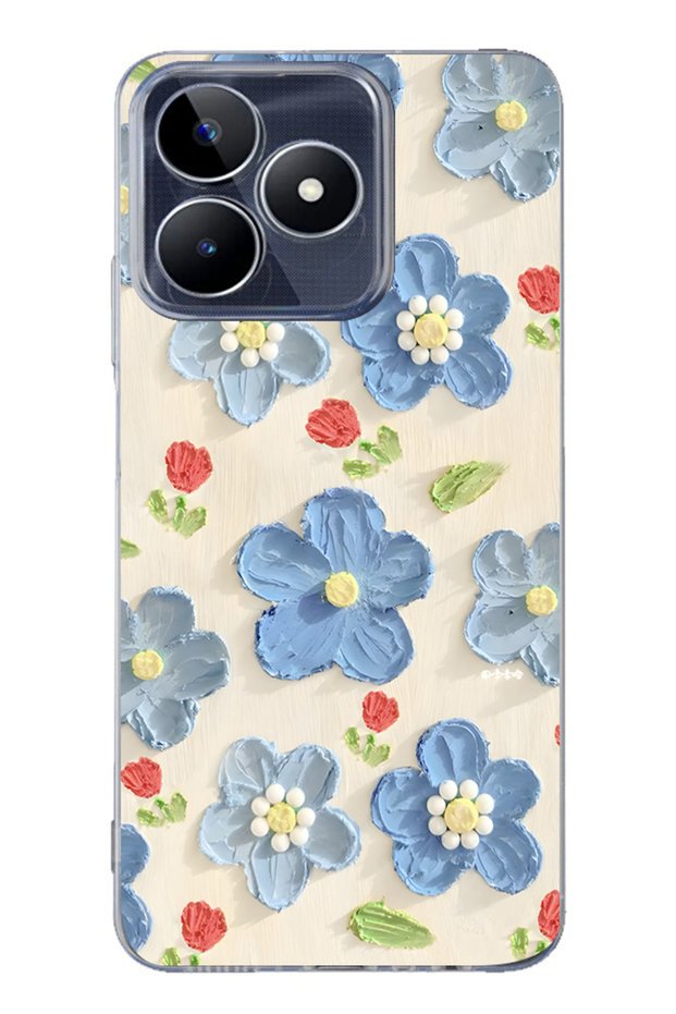 Realme C53 Compatible Blue Oil Painting Floral Pattern Transparent Phone Case