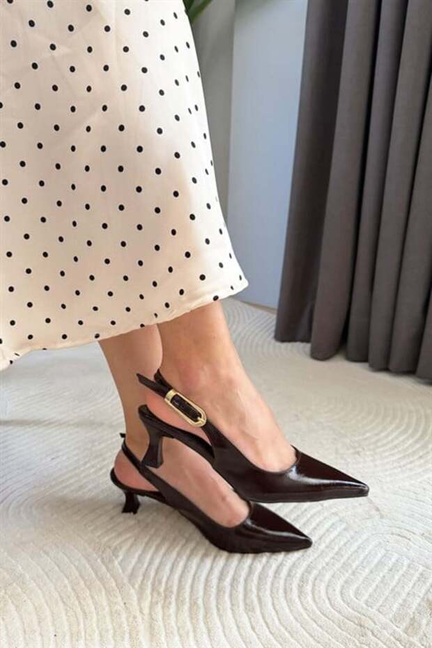 Women's Flow Brown Patent Leather Pointed Toe Short 5 cm Heeled Comfortable Stylish Open Back Stiletto Shoes