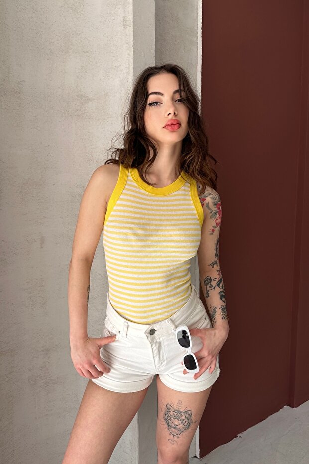 Cycling Collar, Thick Striped Bib, Flexible Camisole Fabric, Striped Sleeveless Long Tank Top