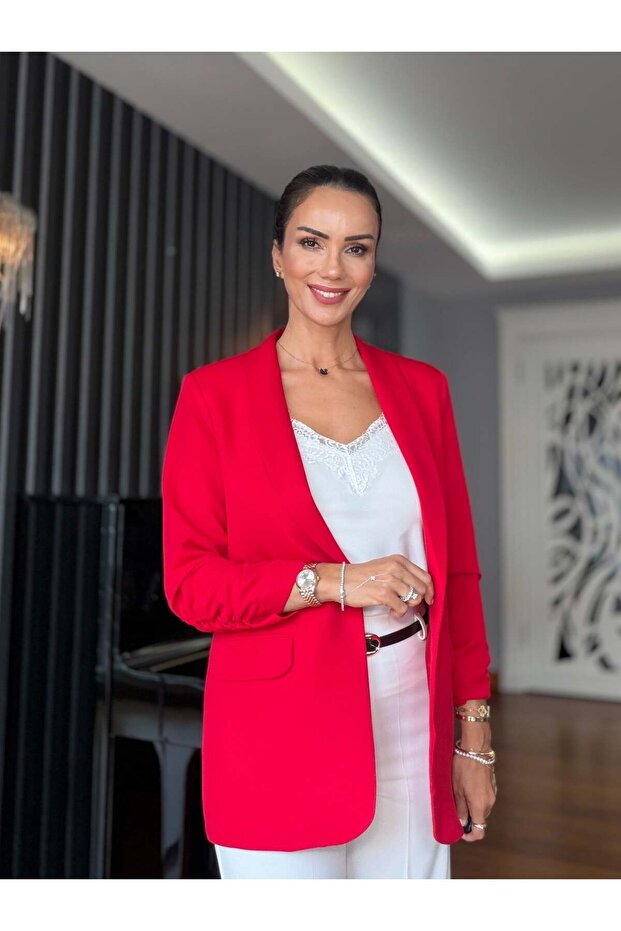Red Blazer with Ruffle Detail on the Sleeves