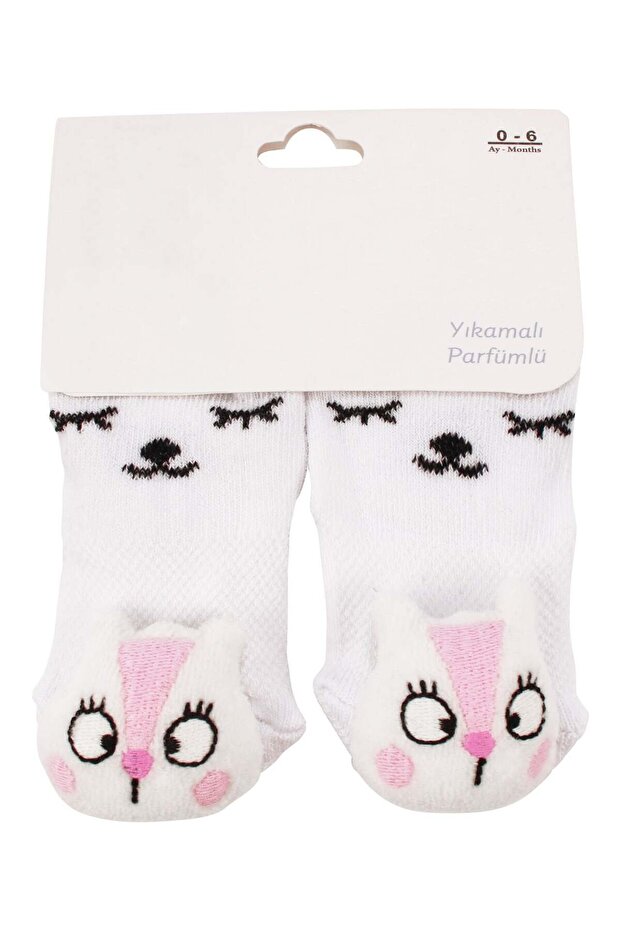 Baby Girl White Socks with Cat and Toy 0-6 Months