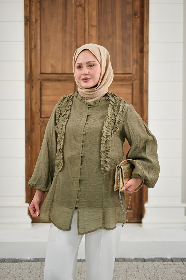 Women's Collared Gathered Shirt Khaki Green