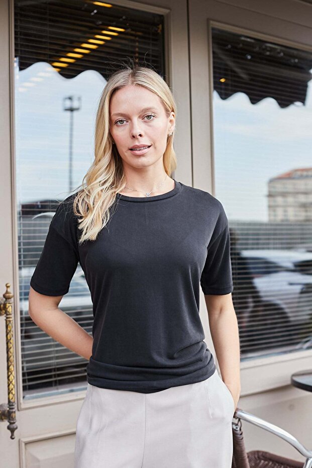 Women's Lycra Silky Textured Modal Combed Cotton Wide Zero Neckline Low Shoulder Short Sleeve Blouse-Black