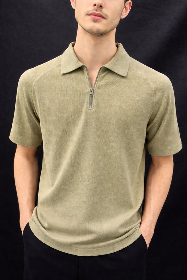 Men's Tencel Tiril Fabric Polo Collar Zipper T-Shirt Green and Indigo Summer Flowy Comfortable