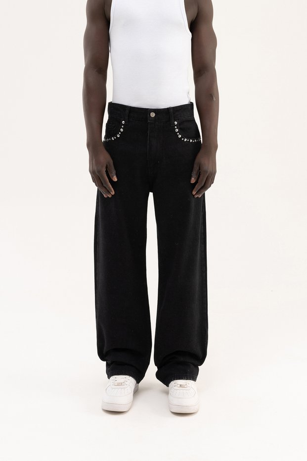 Men's Studs Embellished Baggy Jean Trousers Black
