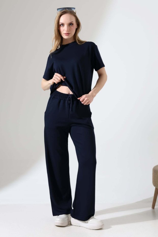 Women's Soft Textured Short Sleeve T-Shirt Wide Leg Pants Bottom Top Set 22056