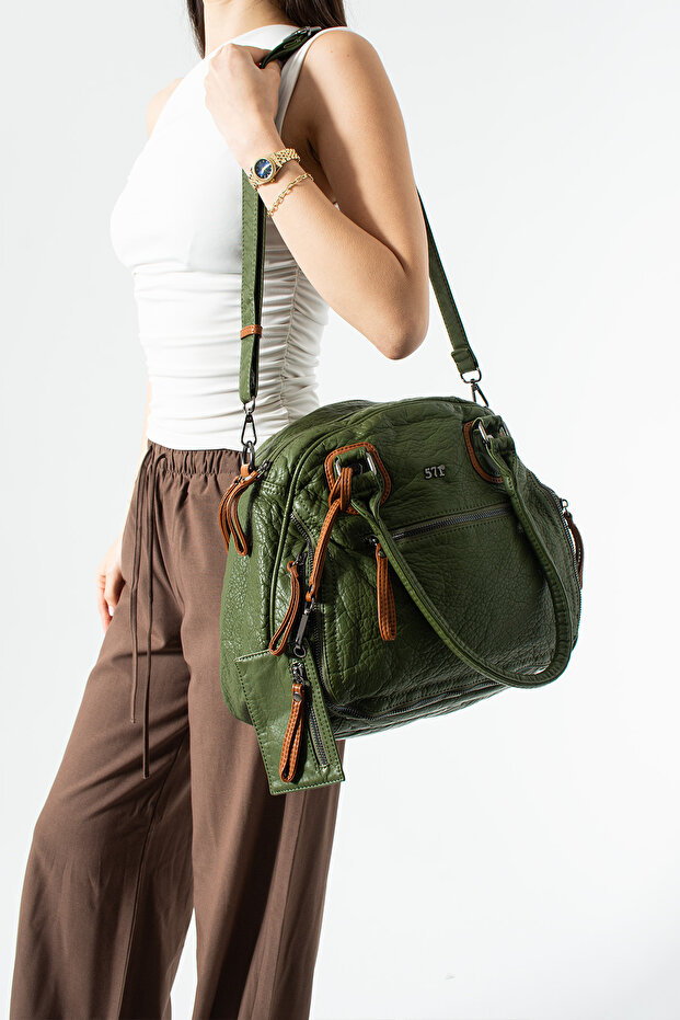 571 Imported Washed Leather 7-Compartment Wallet Detailed Crossbody and Shoulder Bag (Width 32.5 cm Length 31 cm)