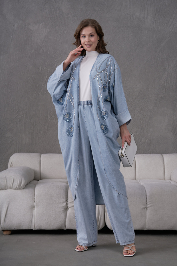 Women's Front Sequin Embroidered Stone and Pearl Embellished Denim Kimono Cardigan and Denim Trousers Top and Bottom Set