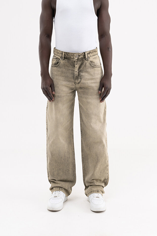 Men's Washed Baggy Jean Trousers Khaki