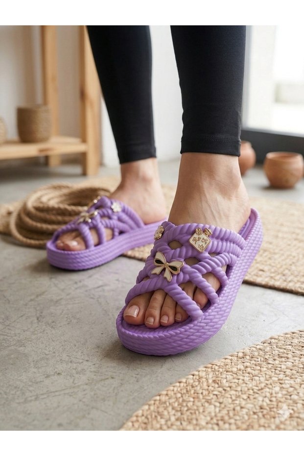 Women's Knitted Banded Stone Detailed Ultra Trendy Stylish Summer Slippers