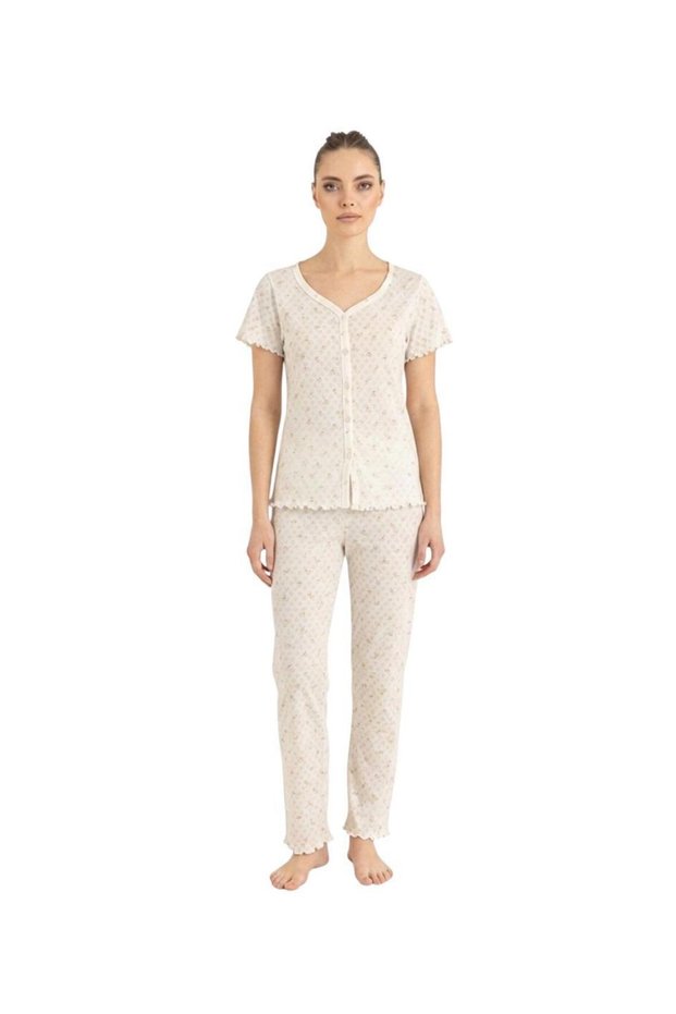 Seamlife Women's 100% Cotton Heart Pattern Button Front Short Sleeve Pajamas Set 18121787