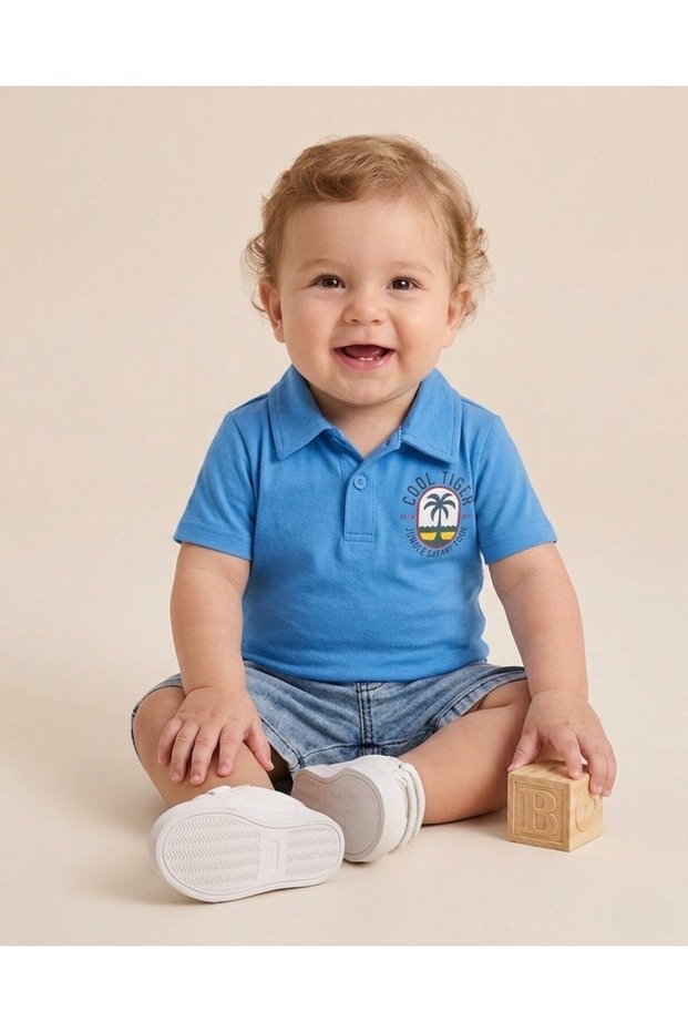 Baby Boy Summer Set with Denim Shorts and Stylish Printed Polo Collar T-Shirt, 2-Piece Set for 6-9-12-18-24 Months