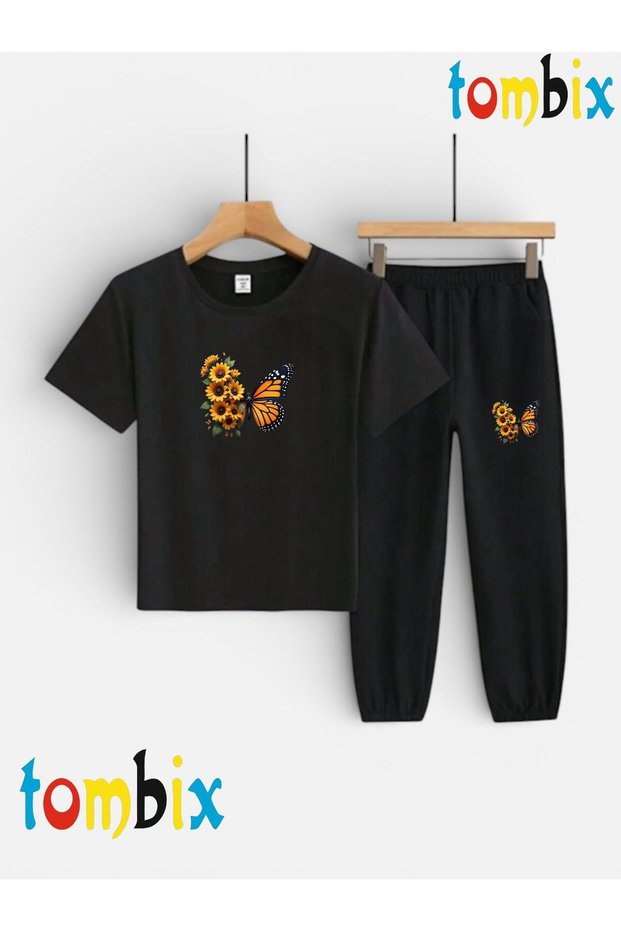 Sari Papatya Butterfly Printed T-Shirt Trackpants (with Pockets) Children's Top and Bottom Set