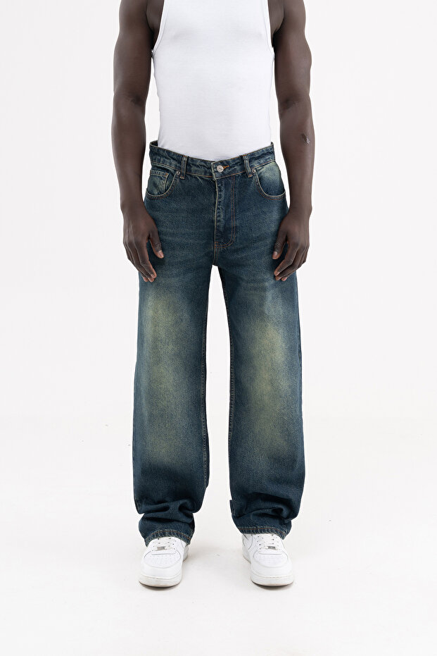 Men's Effected Velvet Baggy Jean Trousers Blue