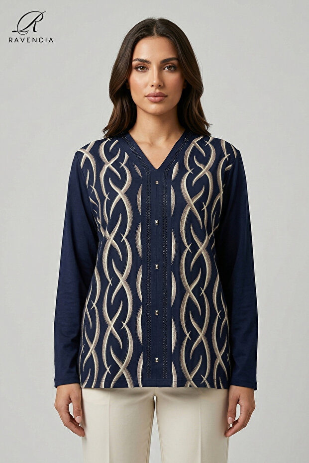 Women's V-Neck Line Pattern Printed Glittery Stone Lycra Mother Combed Cotton Blouse