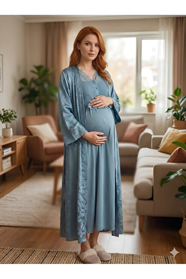 Bone 6202 Women's Jacquard Satin Maternity Long Dressing Gown Nightgown Set