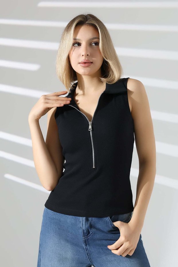 Women's Shirt Collar Metal Zippered Camisole Lycra Body 22126