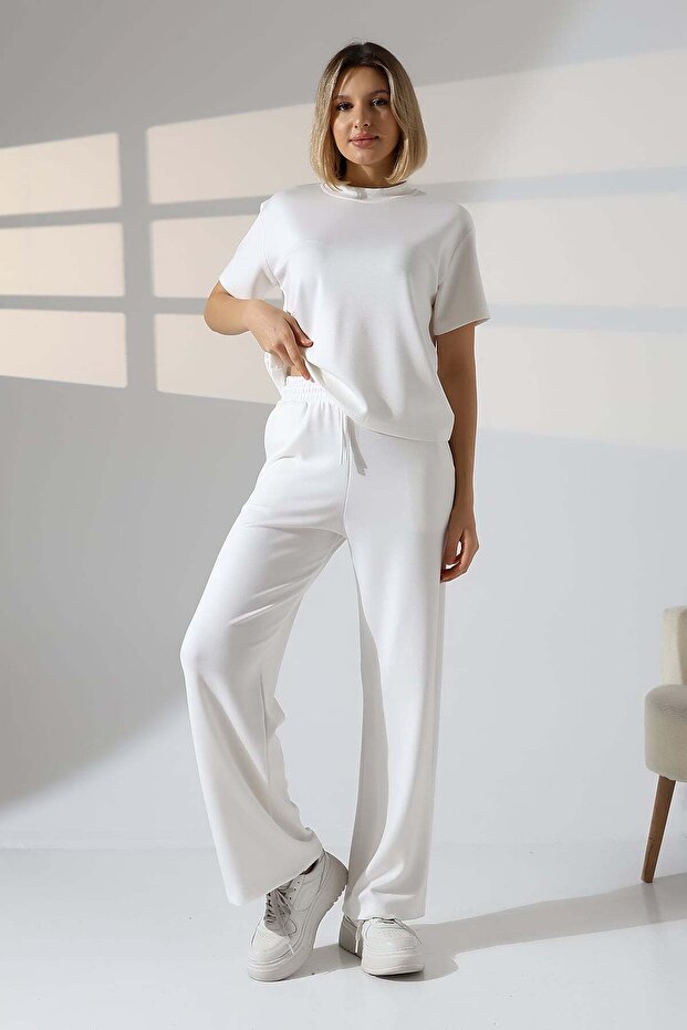 Women's Soft Textured Short Sleeve T-Shirt Wide Leg Pants Bottom Top Set 22056