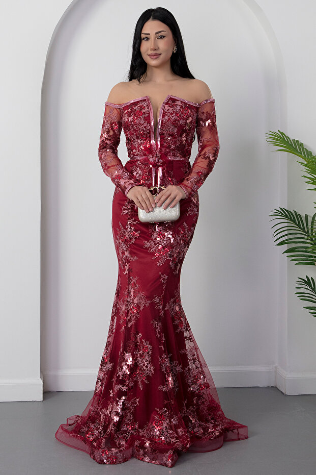 Crew Neck Sequin Detailed Tulle Dress 6087