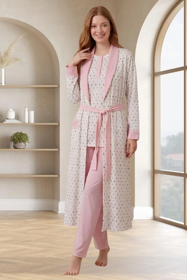 Large Size Melisa Fabric Women's Pajama Set with Dressing Gown, 3-Piece Set