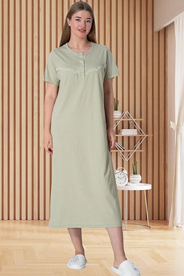 100% Cotton Plus Size Button Collar Short Sleeve Long Length Women's Nightgown