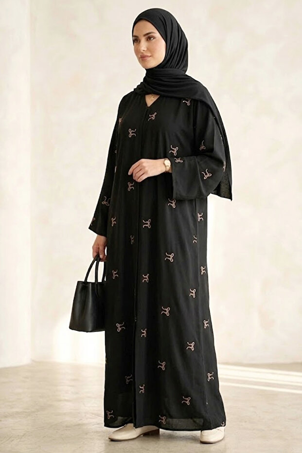Elegant Black Embroidered Abaya For Women's Modest Long Sleeve Maxi Dress Hijab With Subtle Pattern