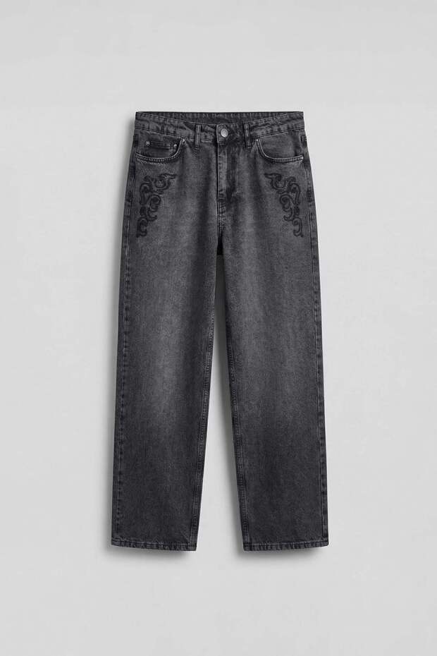 Men's Baggy Embroidery Detailed Jean Trousers Dark Gray