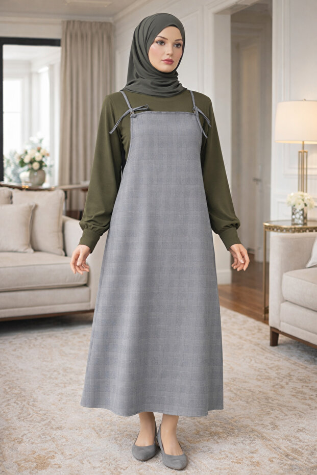 Women's Gray Plaid Fabric Gilet Dress with Adjustable Strap