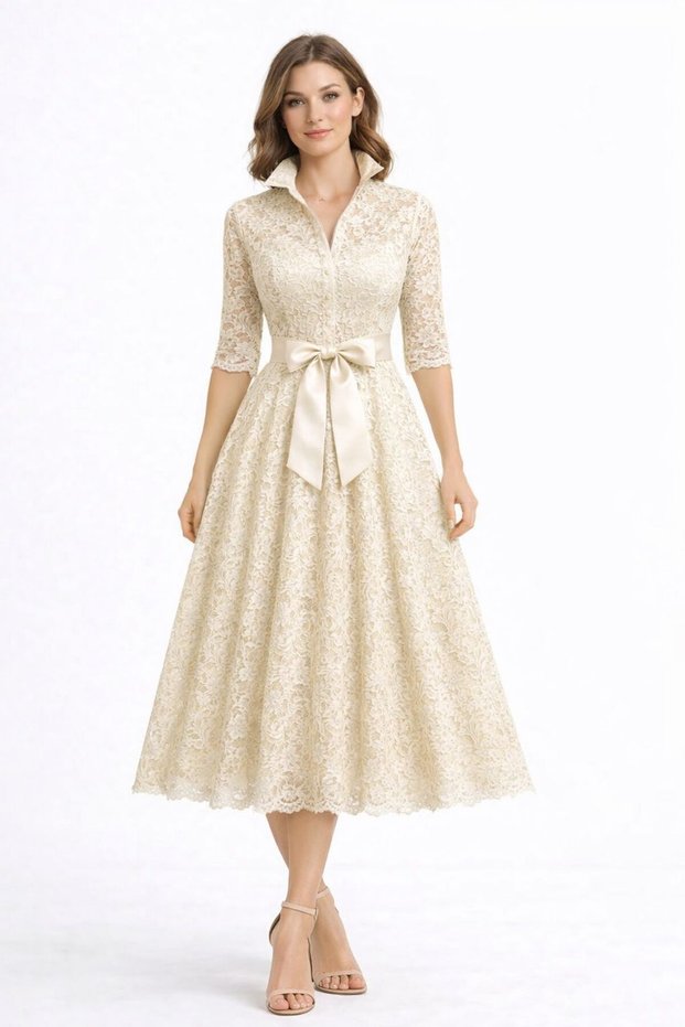 Transparent Sleeve Detailed Midi Length Stylish Lace Shirt Dress