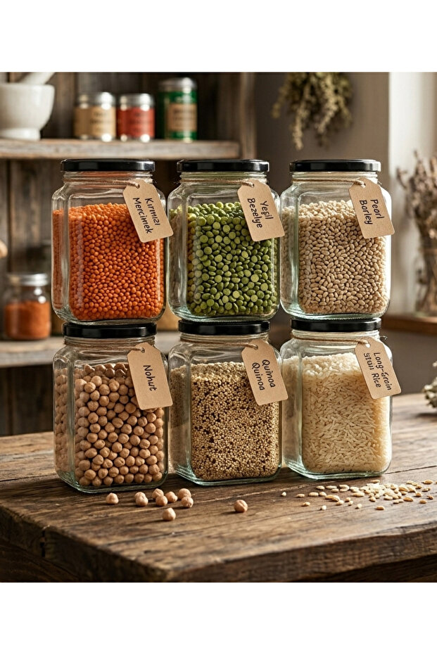 6 pieces glass jar 1000ml legume food storage container with square metal lid 6x1000cc (unlabeled)