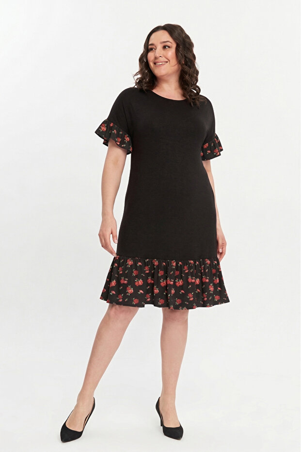 Plus Size Flattering Skirt Rose Patterned Ruffle Viscose Dress