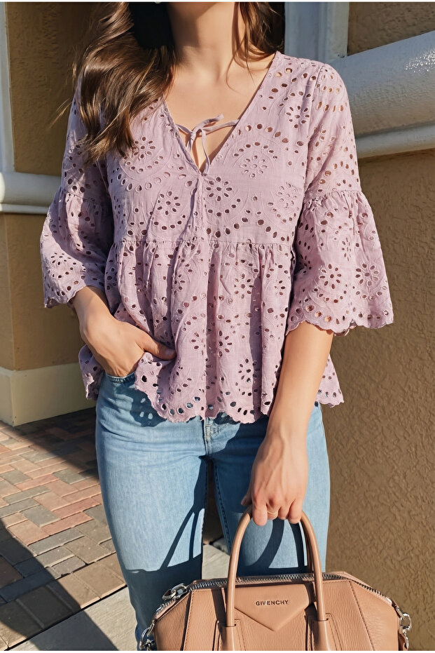 Women's Lilac Fisto Brode Cotton Blouse