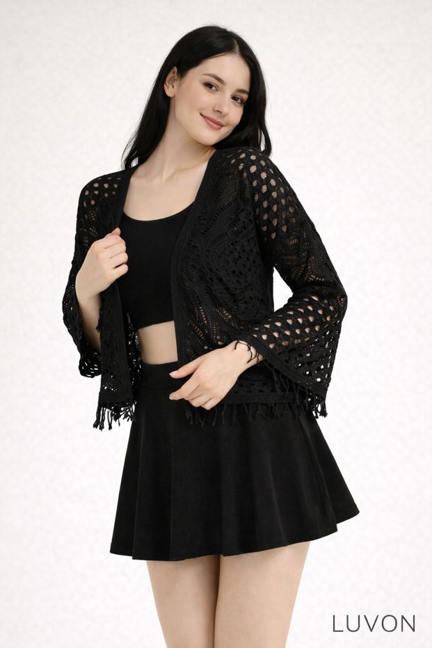 Black Tasseled Detailed Lace-Like Knit Spanish Sleeve m Transitional Women's P Cotton Cardigan