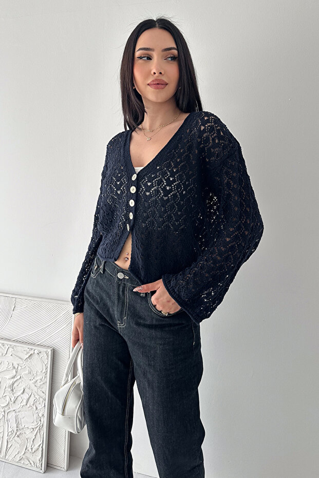 Women's Openwork Knitwear Cardigan – Button Detailed V-Neck