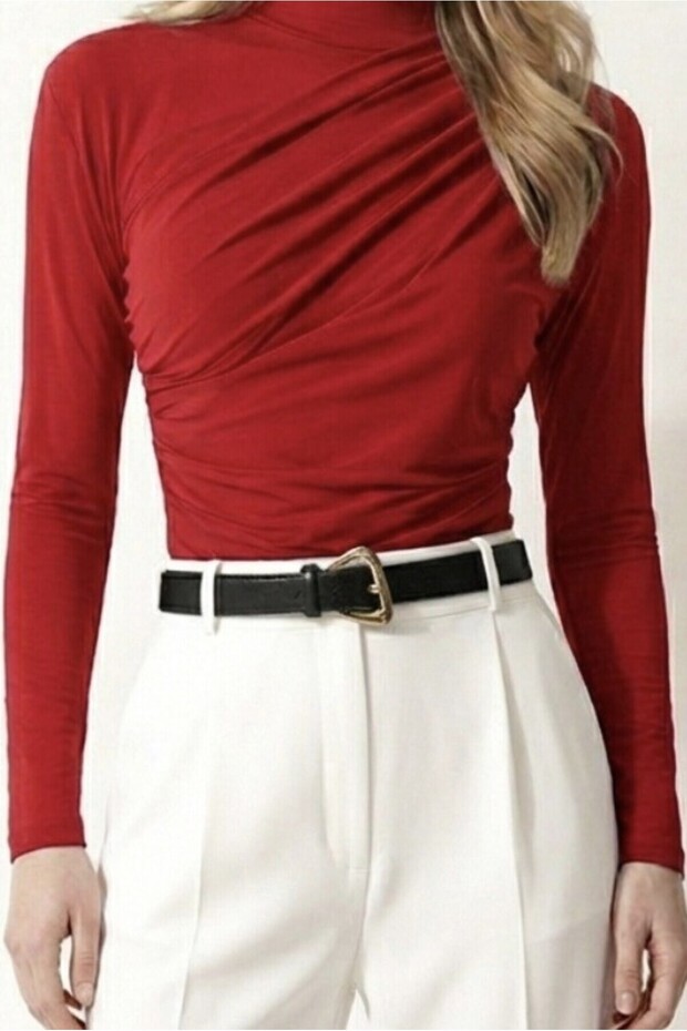 High Collar Draped Long Sleeve Blouse