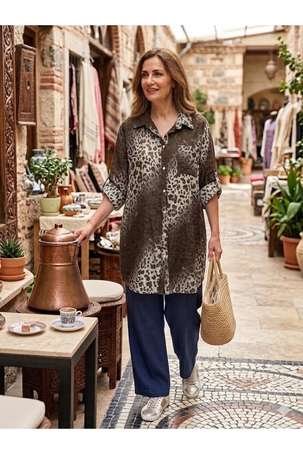 Women's Italian Leopard Pattern Oversize 3/4 Sleeve 100% Cotton Shirt Tunic Dress