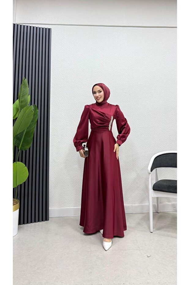 Draped Front Hijab Evening Dress with Stone Detail