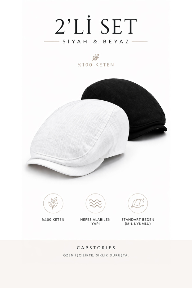 Men's Cap Hat Set of 2 Black & White 100% Linen Summer Standard Size (Fits M-L)