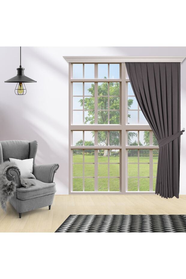 1-2.5 Normal Folded Single Panel Dark Gray Anthracite Color Curtain with Island Backing, Curtain with Bow Tie Gift