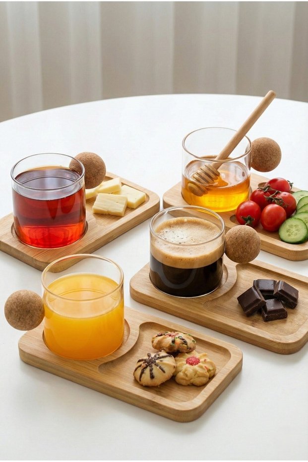 6-Pack of 12-Piece Borosilicate Glass with Bamboo Plates, Cork Handle Cup, 150 ml Glass Tea and Coffee Cup
