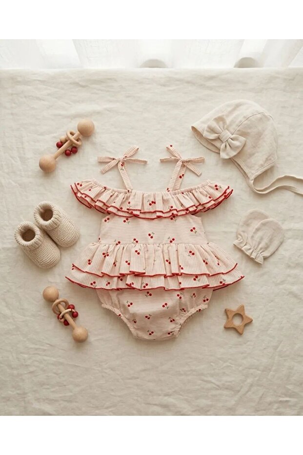 Baby Girl 100% Cotton Muslin Cherry Patterned Romper Jumpsuit