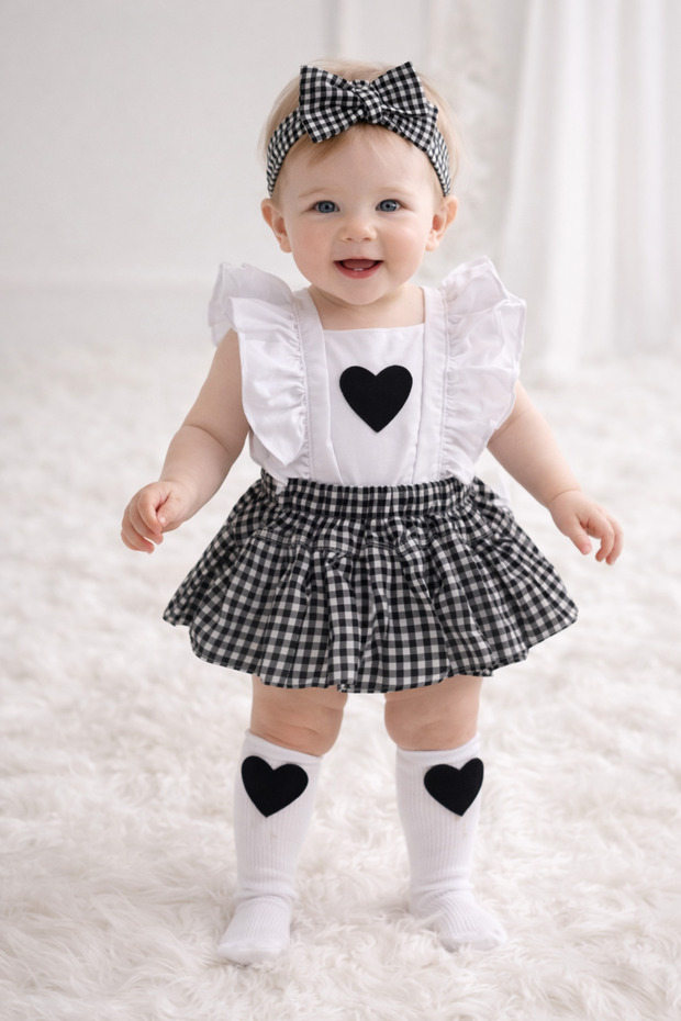 Baby Girl Heart Detailed Black Pitikare Slopet Set Bandana and Socks Set